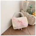 Lace handbag with pink bow, starfish detail, pearl, and beaded handle for girls - Beige