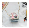 Sac à main bleu en tweed pour fille avec poupée lapin rose, perles et bandoulière chaîne - Lapin Bleu