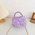 Bolso morado de lentejuelas para niñas con lazo de perlas y asa de cuentas - Perla Morada