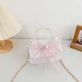Bolso blanco con lentejuelas para niñas, lazo de tul rosa y detalle de perla - Perla Blanca