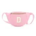 Pink nylon kids fanny pack with a fuzzy letter D patch and adjustable strap - Letter D