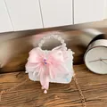 Sac à main fille à paillettes avec nœud rose, poignée perle et chaîne dorée - Blanc