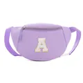 Light purple kids fanny pack with fuzzy letter A patch and adjustable strap - Style A
