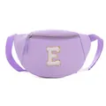 Kids lavender purple waist bag featuring a white fuzzy letter E with gold glitter - Style E