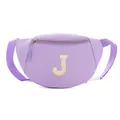Kids lavender waist bag with a glittery letter J patch and adjustable purple strap - Style J