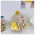 Detail of yellow and purple plaid kids backpack with 3D plush bunny and drawstring pocket - Rabbit Series / Yellow