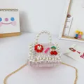 Mini-Handtasche aus Tweed in Rosa und Weiß für Mädchen mit Perlen und Kirschen - Kirsche Rosa