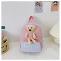 Detail of pink canvas toddler backpack with a 3D plush bear and checkered front pocket - Bear Series / Pink