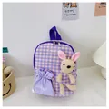 Close-up of purple checkered kids backpack with cute plush bunny and drawstring pouch - Rabbit Series / Purple