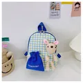Detail of cute yellow plaid kids backpack with plush rabbit and drawstring pocket feature - Rabbit Series / Blue