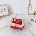 Rote Mini-Handtasche für Mädchen aus Tweed mit Perlengriff, Kirschen und Goldkette - Kirsche Rot