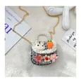 Detail of tweed kids crossbody bag with pearl handle and plush bunny decoration - Carrot Style / Black