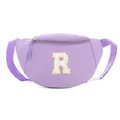 Adjustable purple kids fanny pack with a white chenille letter R patch and gold glitter - Style R