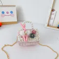Petit sac bandoulière rose pour filles avec poignée en perles et lapin en peluche - Lapin Rose