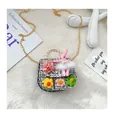 Close-up of girl's tweed crossbody bag with pearls, ballet bunny doll and floral accents - Flower Style / Black