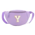 Purple kids waist bag with large white chenille embroidered letter Y and gold trim - Style Y