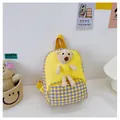 Kids yellow canvas backpack with purple checkered pockets and 3D plush bear toy - Bear Series / Yellow
