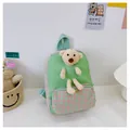 Cute green children's backpack with plaid patterns and a 3D plush bear toy - Bear Series / Green