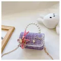 Detail of purple tweed kids bag with pearl handle and cute rabbit pendant decoration - Pink Rabbit Purple
