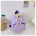Cute purple checkered cartoon rabbit backpack for kids featuring a 3D plush bear - Bear Series / Purple