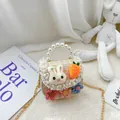 Cute beige tweed kids bag with plush bunny, cloth flowers and white pearl handle - Carrot Cream White