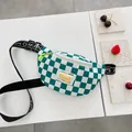 Green and white checkerboard kids chest bag with ADDR logo and graphic shoulder strap - Green