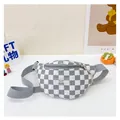 Detail view of grey and white checkered waist bag with FASHION logo and adjustable strap - Gray