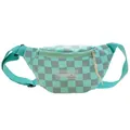 Kids mint green checkerboard waist bag with leather texture and fashion patch - Cyan