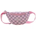 Pink and grey checkered fanny pack for kids featuring pleated texture and fashion patch - Pink