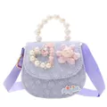 Cute purple girl's mini crossbody bag with pearl handle and 3D floral heart detail - Purple-Hearts