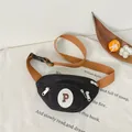 Kids black nylon chest bag with brown strap and white P patch detail for casual wear - Black