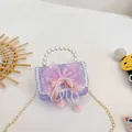 Lilac purple kids pearl handbag with lace edges and a large polka dot mesh bow - Purple Bowknot