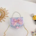 Light blue kids pearl handbag with pink lace bow and fuzzy ball charms for girls - Bowknot-Blue