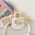 Chic beige jacquard floral girls crossbody bag with pearl handle and teddy bear charm - White - Bear