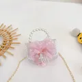 Pink lace girls' handbag with large bow, pearl handle, and golden chain strap - Bowknot-Pink