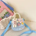 Cute light blue children crossbody bag with pearl handle and plush bear decoration - Blue - Bear