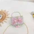 Kids' mint green lace mini bag with pink tulle bow, pearl handle and gold chain strap - Bowknot-Green