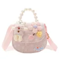Pink girls crossbody bag with cute bear, pearl handle, and adjustable shoulder strap - Pink-Bear