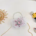 Kids white lace pearl handbag with pink tulle bow and golden chain strap - White-Snowflake
