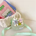 Cute light green girls crossbody bag with pearl handle and teddy bear charm - Green-Bear