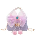 Girl's purple quilted handbag with large pink lace bow and elegant pearl handle - Purple