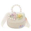 Cute off-white girls' crossbody bag with pearl handle and plush flower charms - White-Heart