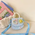 Light blue children's mini crossbody bag with pearl handle and rhinestone heart decoration - Blue-Hearts