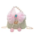 Light green pearl handbag with large pink lace bow and beaded handle for girls - Green