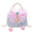 Blue lace girls handbag with pearl handle, mesh bow and crystal jewel detail - Blue