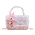 Pink tweed girls princess crossbody bag with pearl handle, lace detail and rabbit charm - Style 1 Pink (Red Bear)