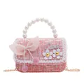 Sac à main rose en tweed pour filles avec anse en perles et nœud en dentelle - Nœud Papillon en Maille Rouge (Style 1)