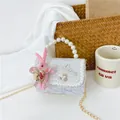 White sequins princess bag with pearl handle, gold chain and pink bunny charm - Style 1 White (Red Bear)