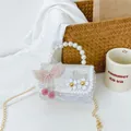 Sac fille à paillettes violettes avec poignée en perles et nœud en tulle rose élégant - Nœud Papillon en Maille Blanc (Style 1)