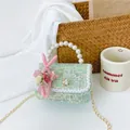 Green tweed mini crossbody bag for girls with pearl handle and plush bunny detail - Style 1 Green (Red Bear)